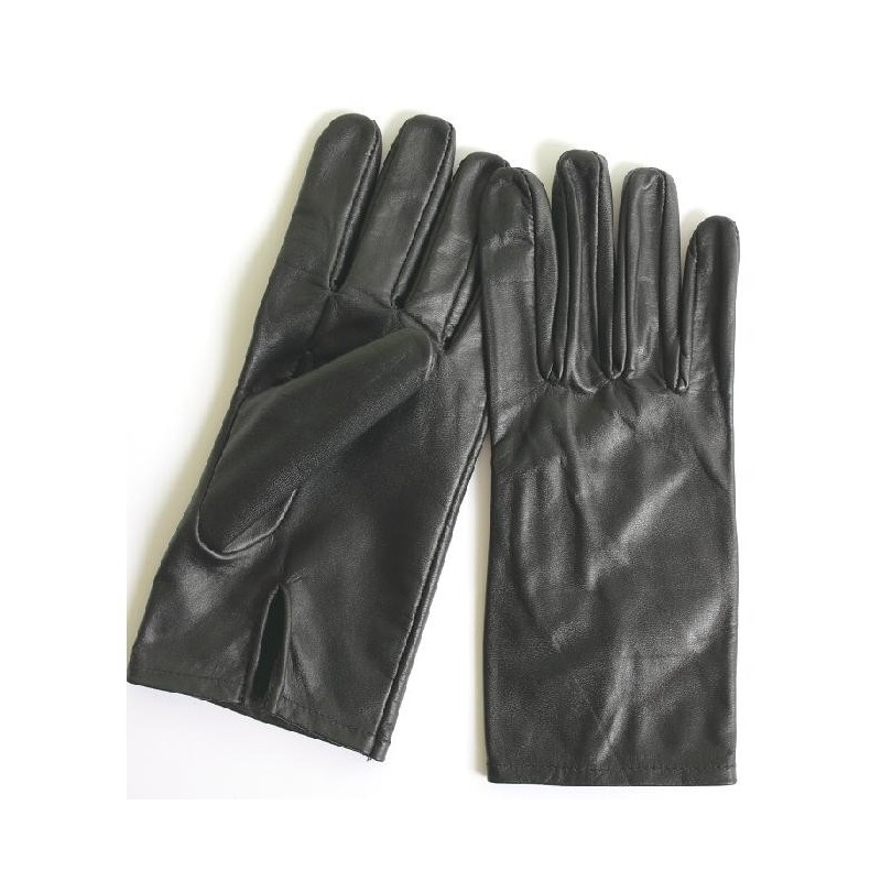 Paire de gants en cuir de mouton noirs posée à plat, dos uni et paume