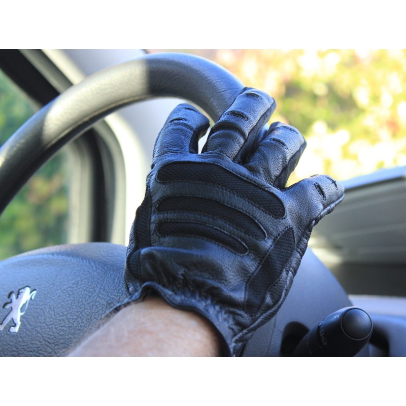 Gants de conduite en cuir noir sans doigts