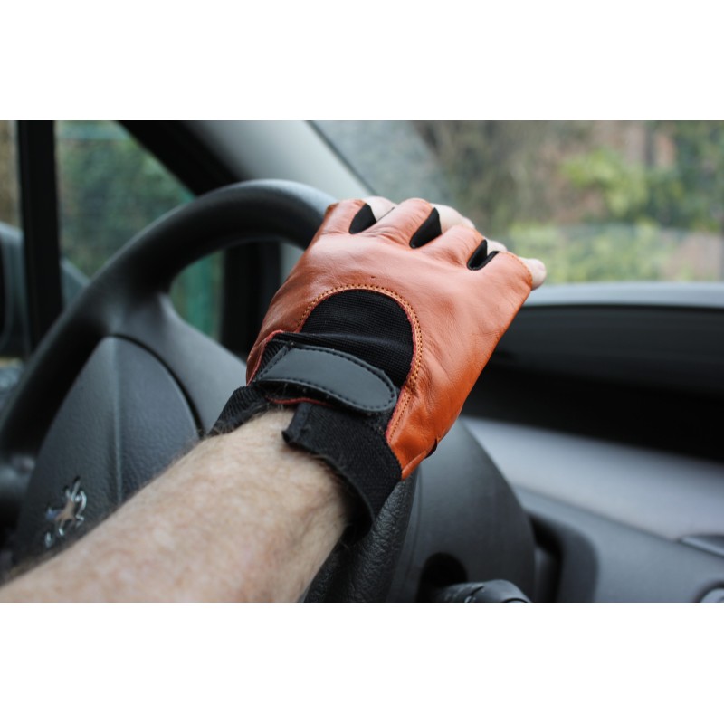 Gants de conduite en cuir orange à doigts coupés