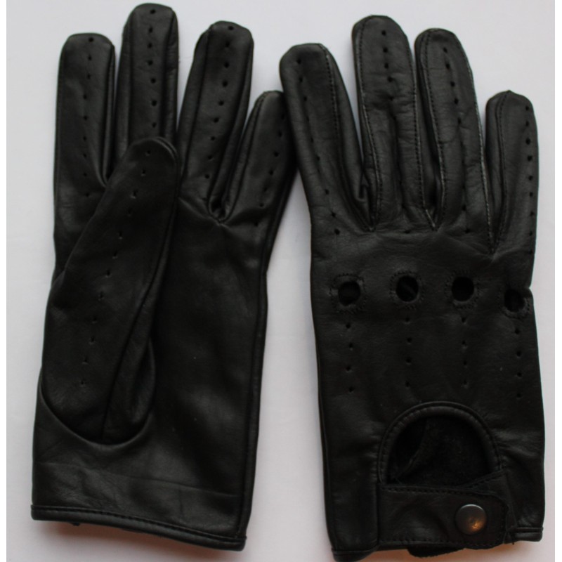 Paire de gants de conduite en cuir de chèvre noir à plat, quatre trous et dos perforé