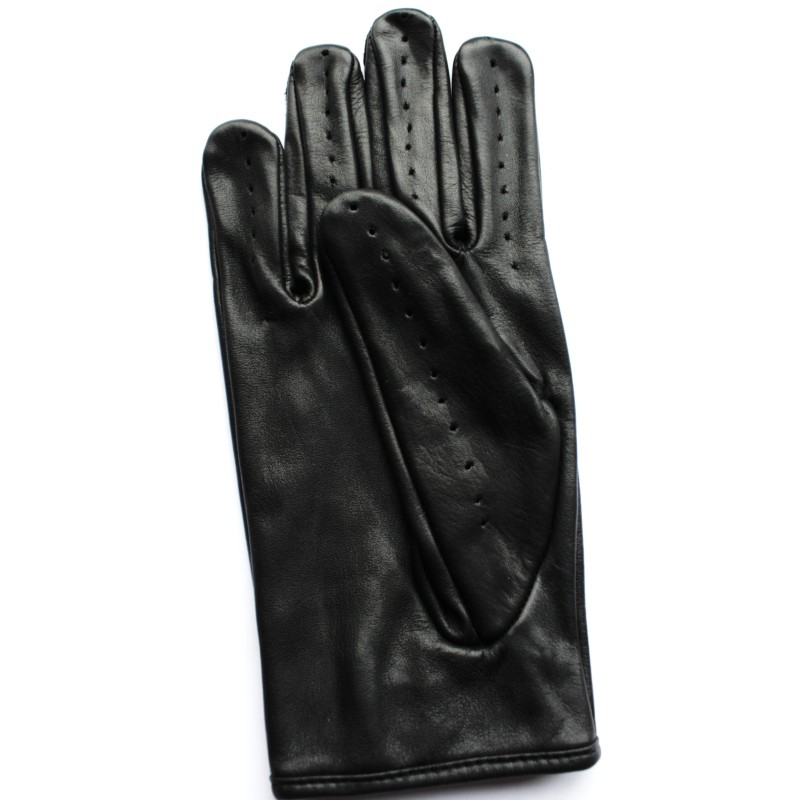 Gant de conduite en cuir de chèvre noir côté paume, doigts et pouce perforés