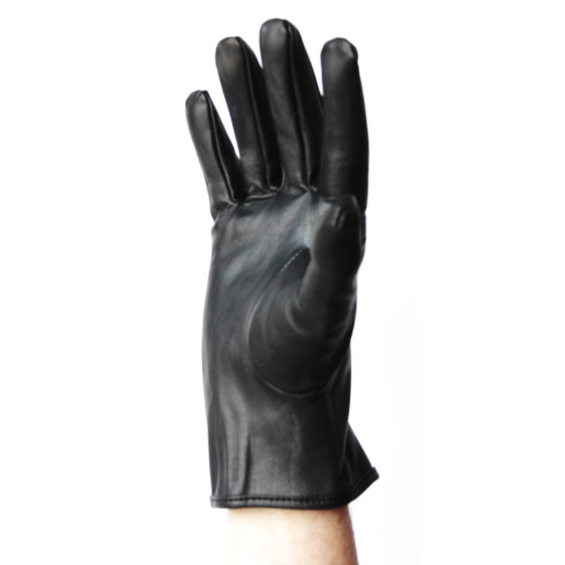 Gant en cuir de vache noir non doublé porté, vue de trois quarts côté paume