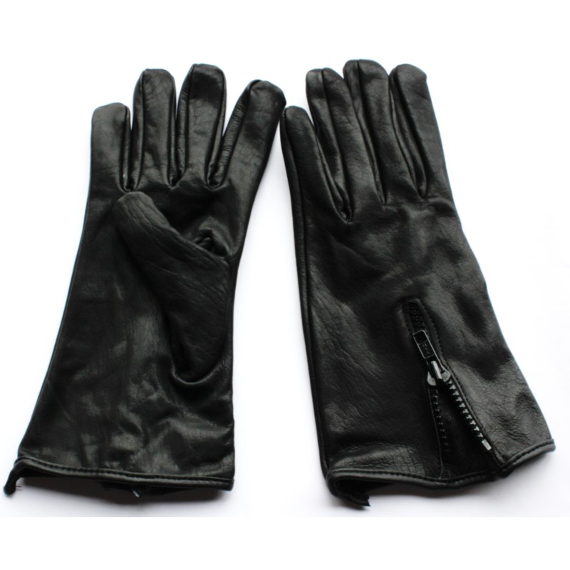 Paire de gants en cuir de vache noirs à plat, paume et dos avec fermeture éclair