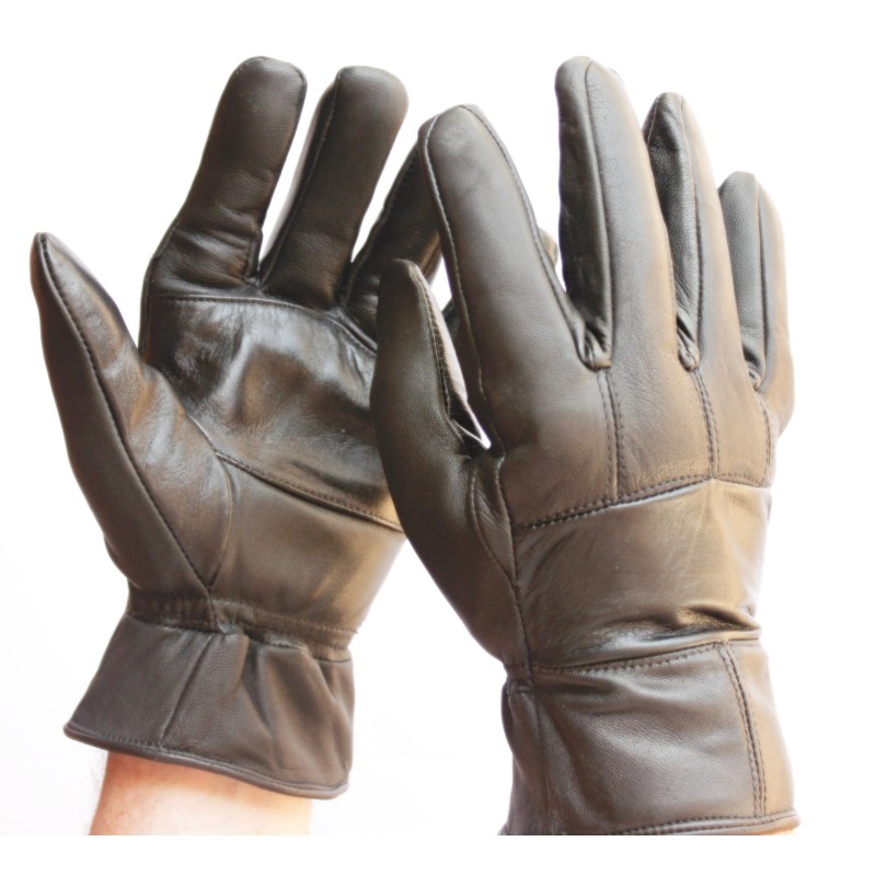 Gants en cuir de vache à empiècements portés, paume au poignet froncé et dos