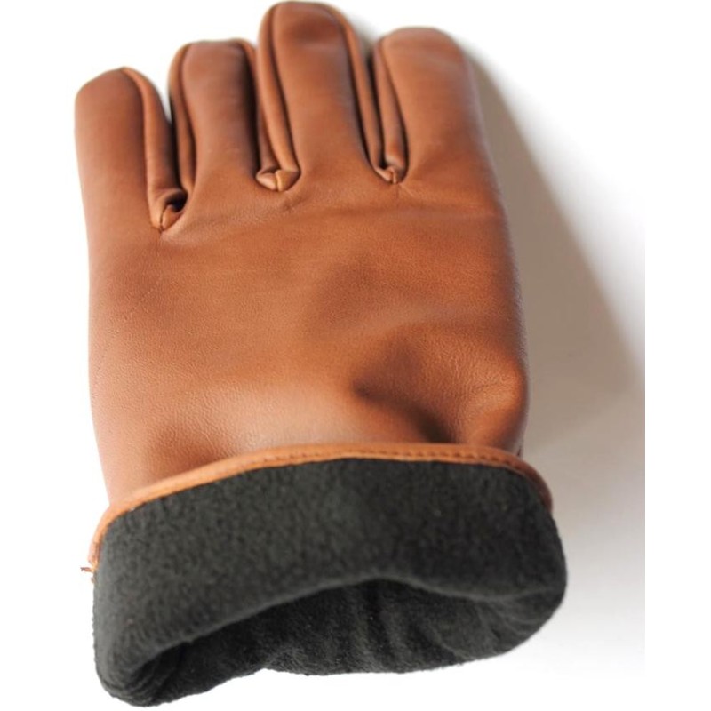 Ouverture d’un gant en cuir de mouton marron clair montrant la doublure polaire noire