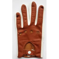 Gants cuir très fin marron et tissu blanc