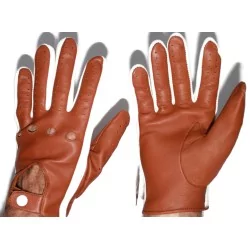 Gants cuir très fin marron et tissu blanc