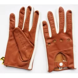 Gants cuir très fin marron et tissu blanc