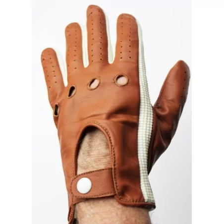 Gants cuir très fin marron et tissu blanc