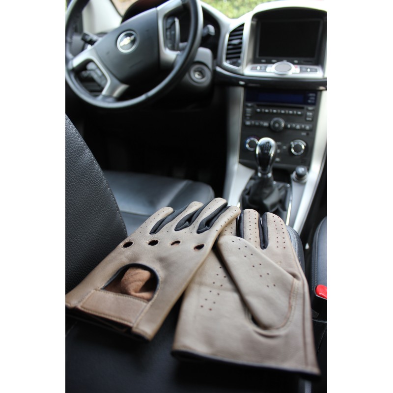 Gants de conduite en cuir beige sans doigts