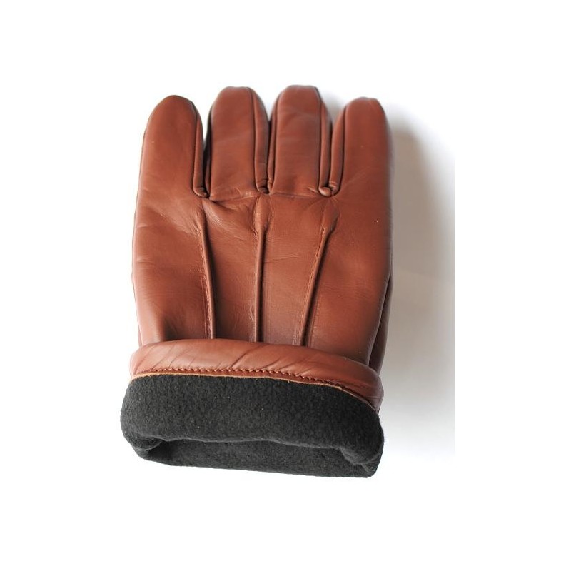 Gant en cuir de vache marron, poignet retourné sur la doublure polaire noire