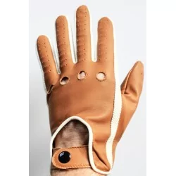 Gants cuir très fin marron et tissu blanc