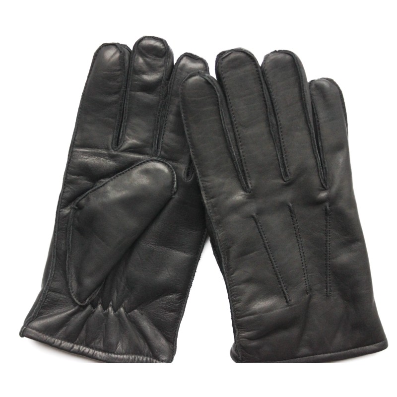 Paire de gants en cuir de mouton noirs, dos piqué et paume au poignet froncé
