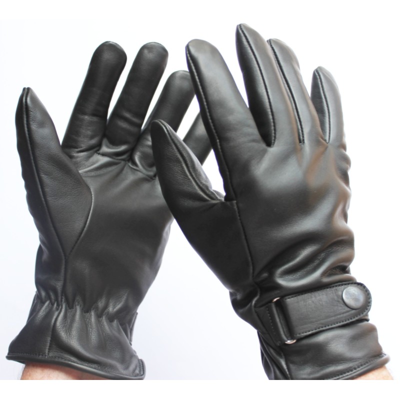Gants en cuir de vache noirs portés, vue de la paume et du dos avec patte à pression