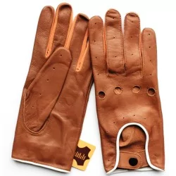 Gants cuir  fin marron et tissu blanc