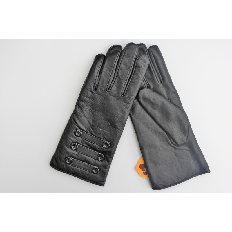 Paire de gants en cuir de mouton noir à plat, brides boutonnées sur le poignet