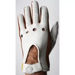 Gants cuir  fin  blanc  et tissu marron