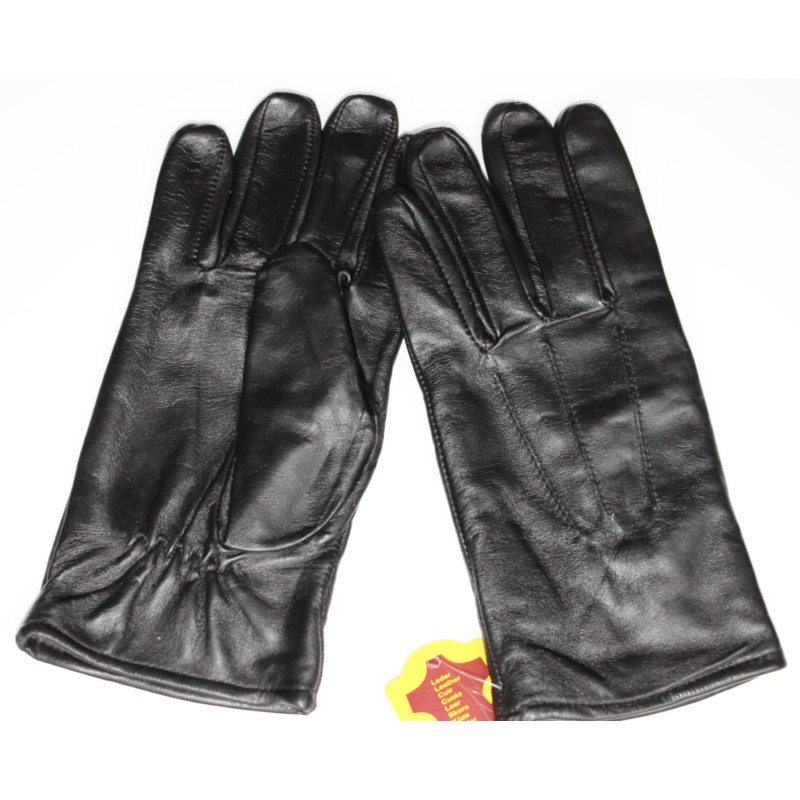 Paire de gants en cuir noir à plat, dos surpiqué et poignet froncé