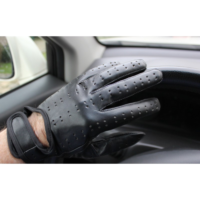 Gants de conduite en cuir noir velcro