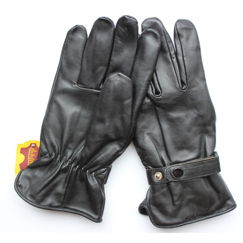 Paire de gants homme en cuir de vache noirs, paume froncée et dos à patte