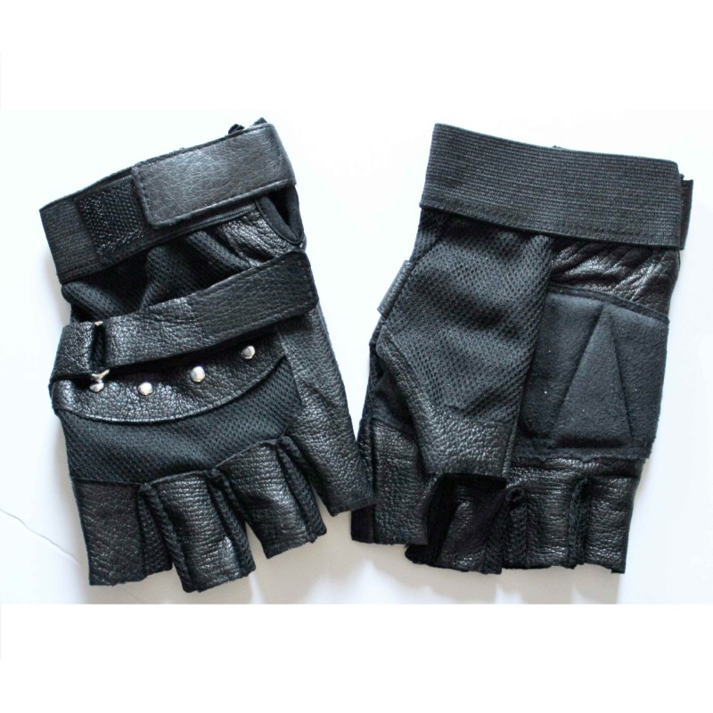 Paire de gants à doigts coupés en cuir noir et tissu filet, dos et paume