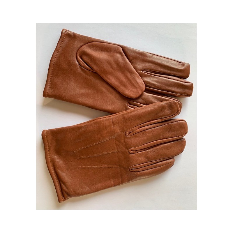 Paire de gants en cuir marron à plat, vues du dos et de la paume