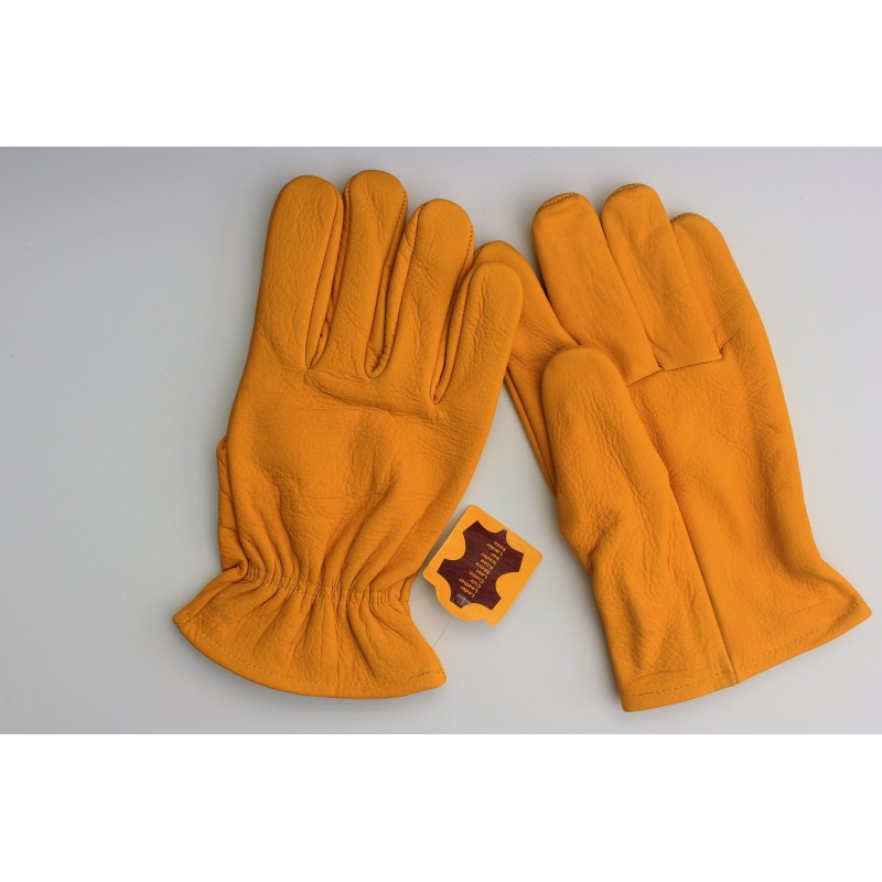 Paire de gants en cuir orange à plat, vues du dos et de la paume