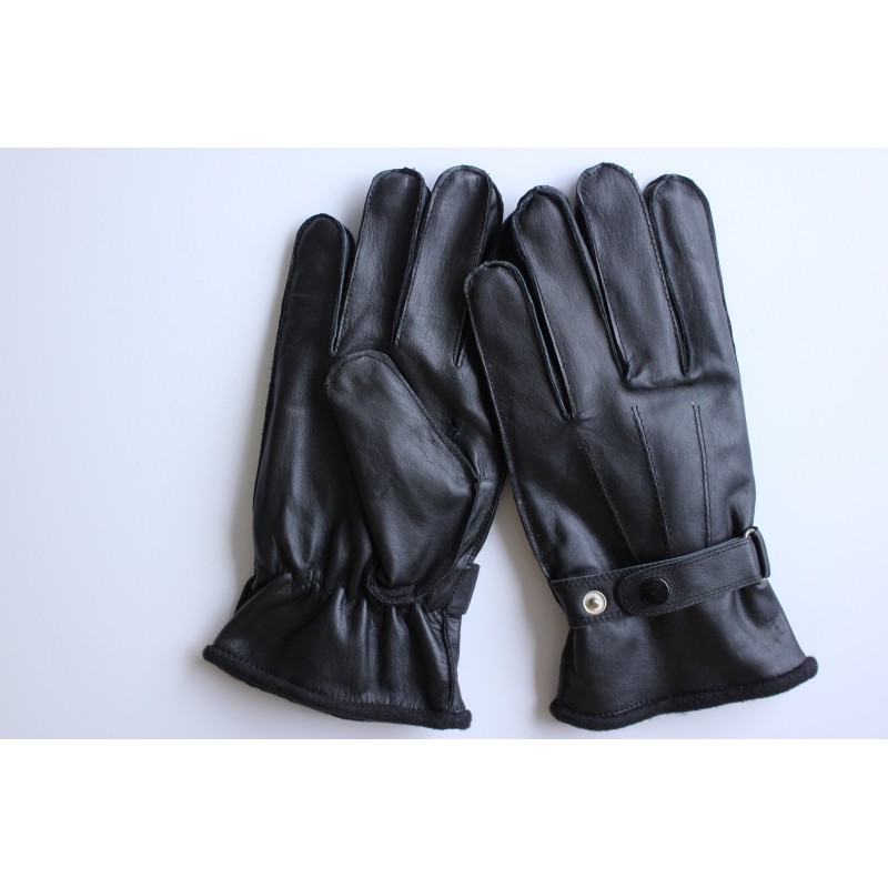 Paire de gants en cuir de mouton noir à plat, paume froncée et patte à pression