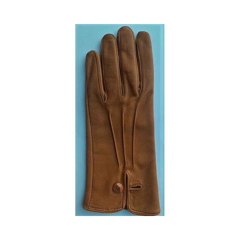 Gant en cuir de mouton marron clair pour femme à plat, dos à nervures et bouton au poignet